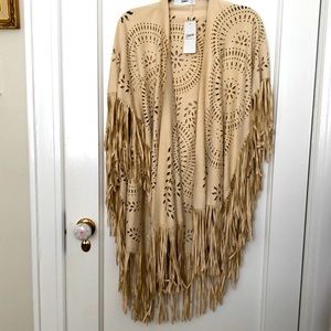 Women's Suedette Cut Out Asymmetric Fringed Cape/Kimono